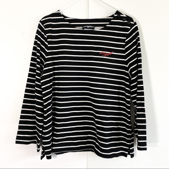KARL LAGERFELD Striped Cotton Top button detail on the shoulder - Picture 1 of 3